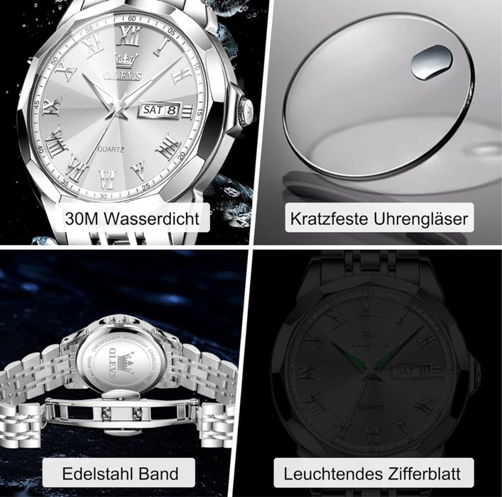 OLEVS Zegarek analogowy ze stali nierdzewnej, wodoszczelny