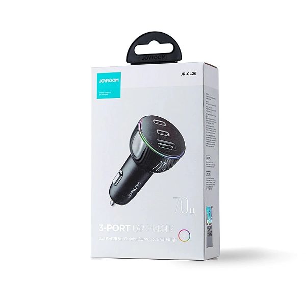 Joyroom ładowarka samochodowa 70W z 3 portami: USB, 2 x USB C czarna (