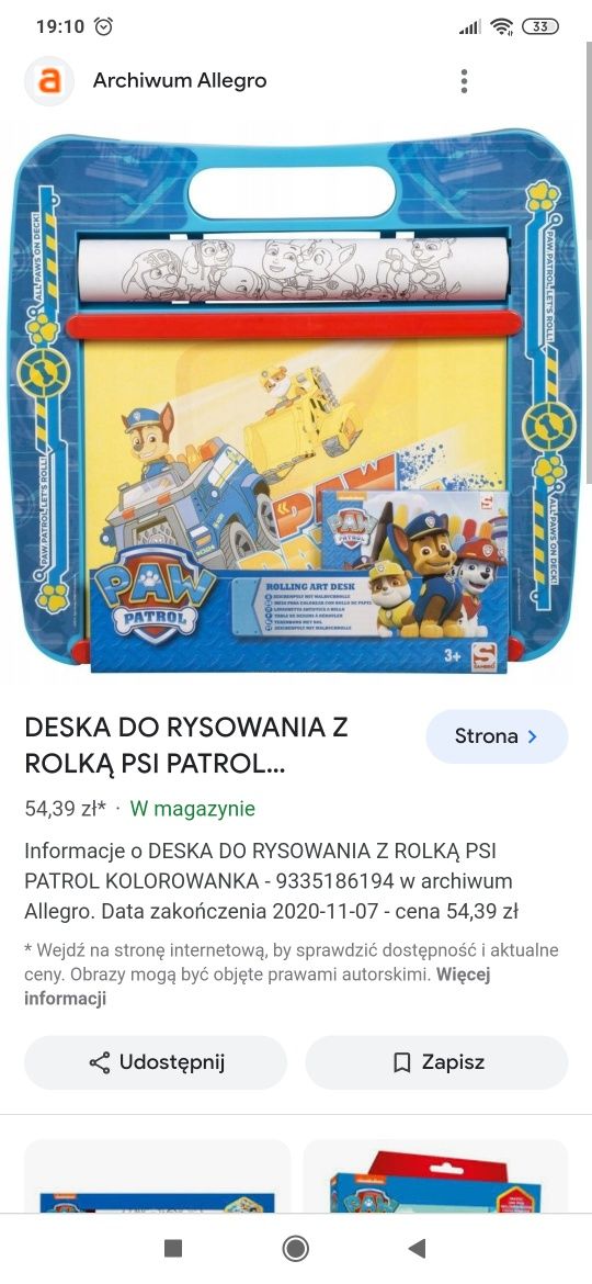 Kolorowanka na rolce Psi patrol. Deska do rysowania.