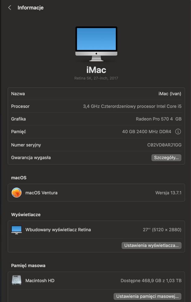IMac 27” 2017 Intel Core i7 40gb 1Tb Retina 5k