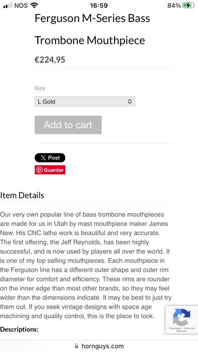 Bocal trombone baixo Jeff Reynolds L (Gold)