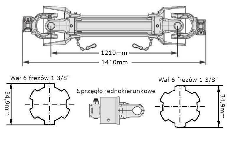 Wał przegubowy cytryna 27x74,6 1410mm, 460Nm, sprzęgło jednokierunkowe