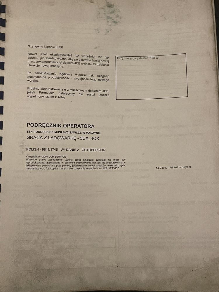 Podręcznik operatora/instrukcja koparko-ładowarka JCB 3CX 4CX