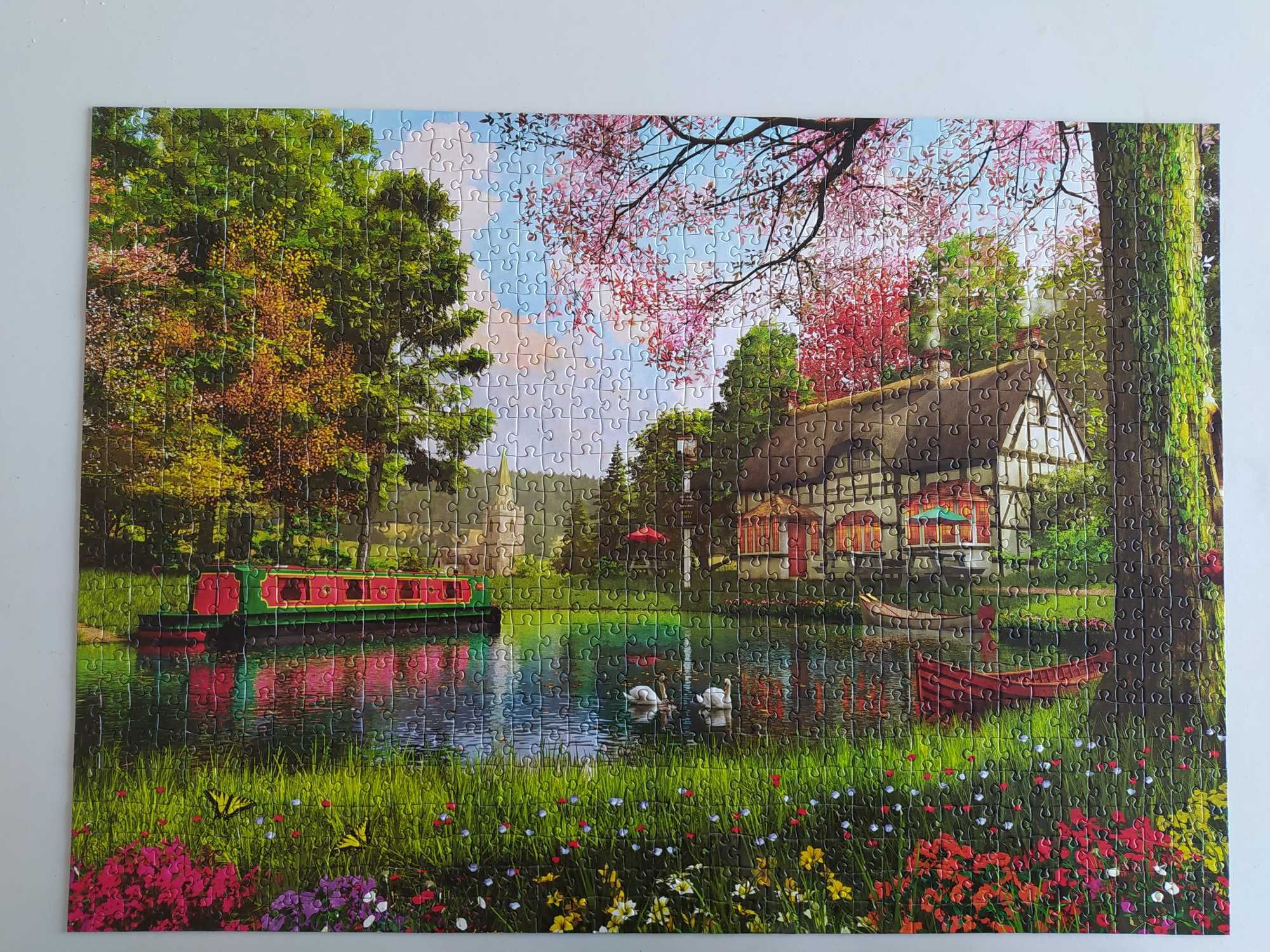 Puzzle 1000 elementów, kompletne, zatoka, staw, łabędzie