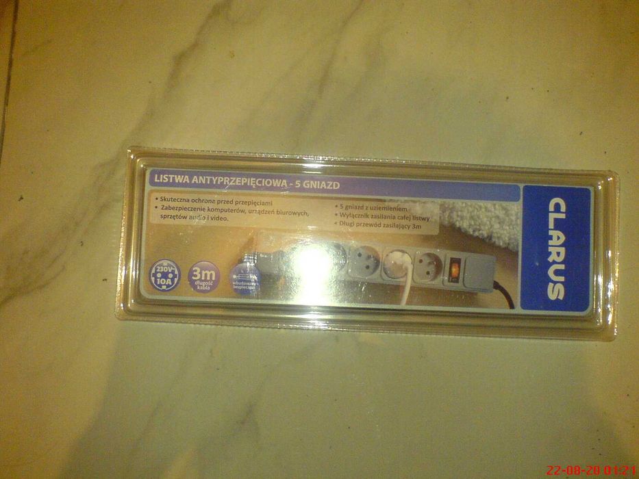Listwa Antyprzepięciowa 5 Gniazd z Uziemieniem przewód 3 m NOWA W OPAK