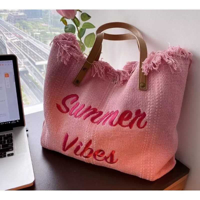 Torba plażowa, letnia boho różowa