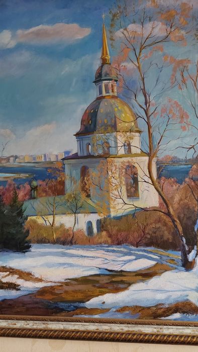Картина маслом,,холст пейзаж"Весна"  Коркишко В.А. 2000г, 102 ×76,храм