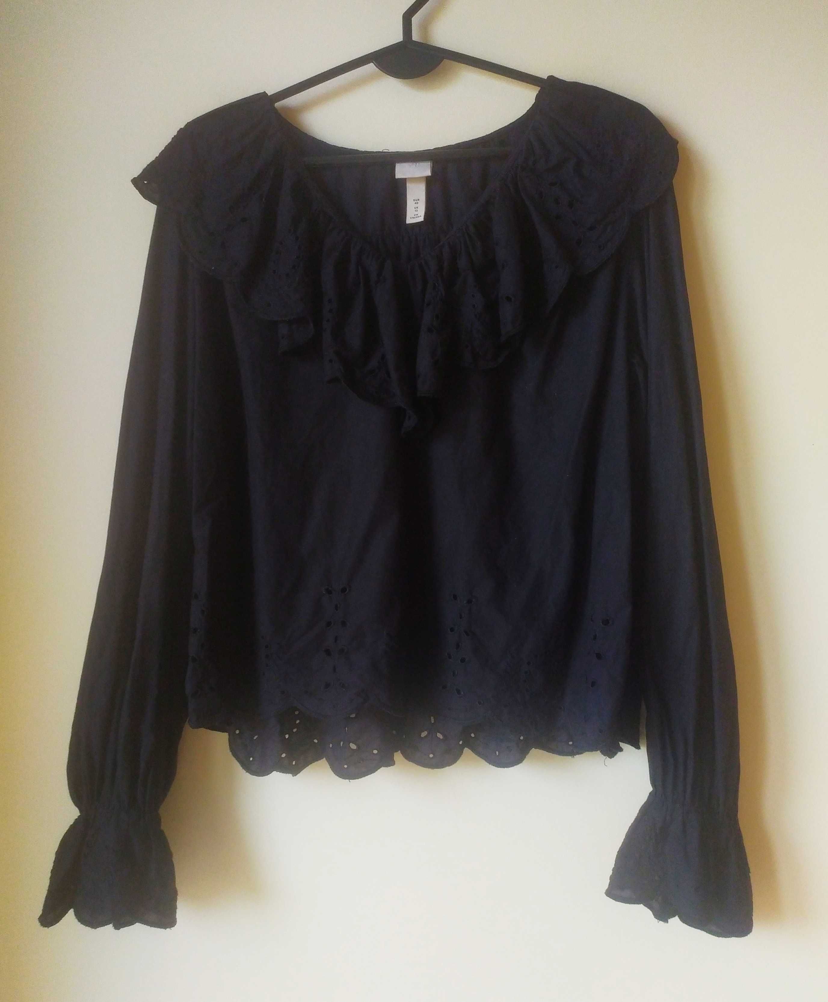 Czarna bawełniana bluzka z falbanami, bufiaste rękawy, H&M , rozmiar L