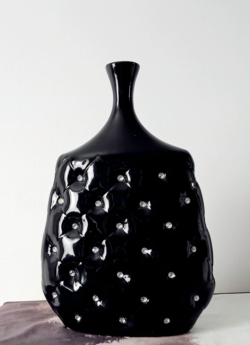 Duży czarny wazon z kryształkami Ceramika 36cm