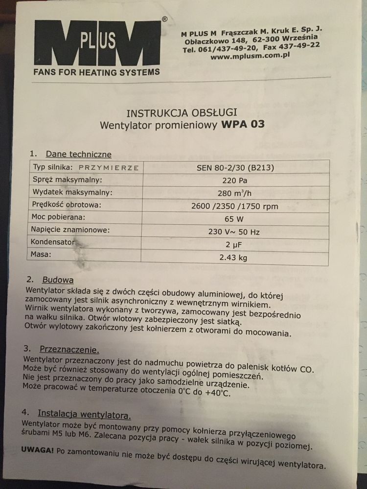 Wentylator promieniowy WPA 03 i sterownik do temperatury