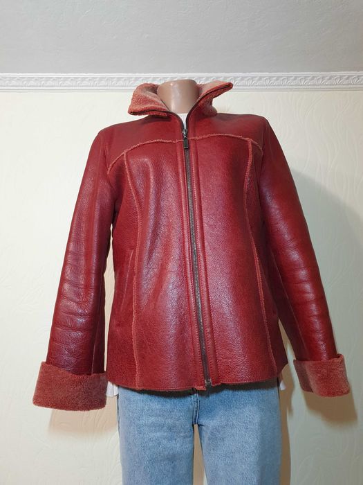 Натуральная дубленка красная бордо овчина дублянка куртка шкіряна