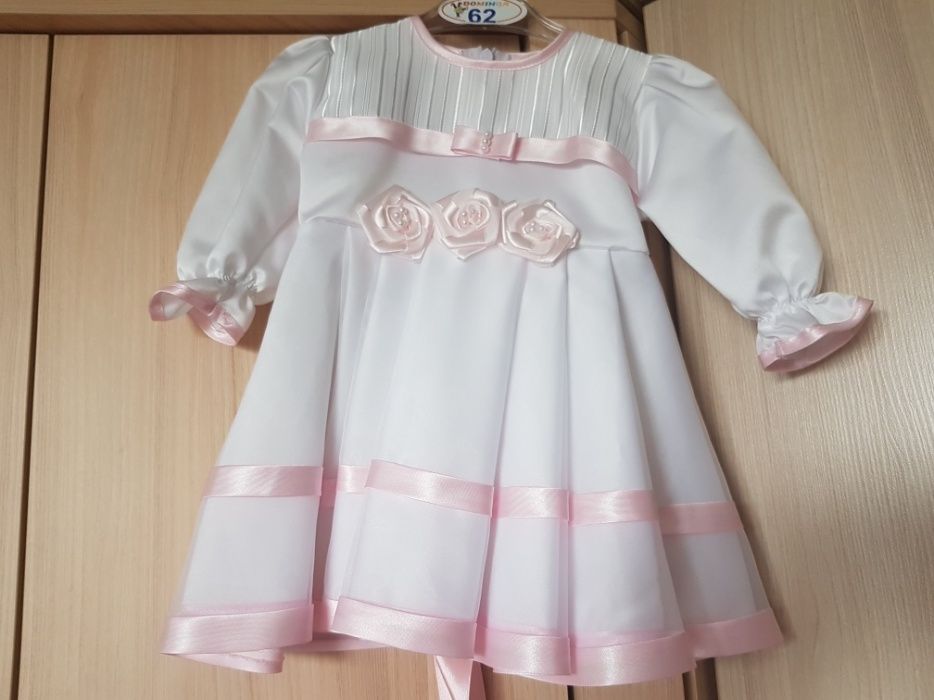 Nowy!Komplet/ zestaw na chrzciny sukienka bolerko kapelusz rozm. 62 cm