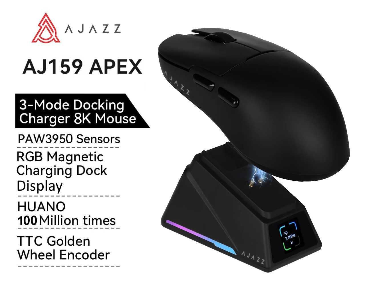 Миша AJAZZ AJ159 APEX Black док-станція з екраном PAW3950 DPI 42K