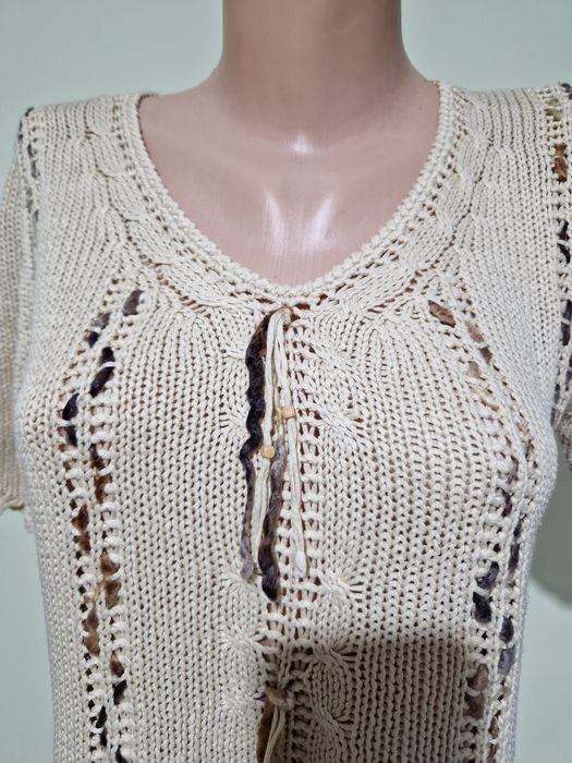 Bluzka z dzianiny bawełnianej z frędzlami beżowa