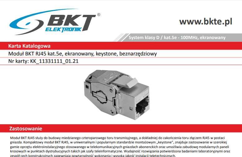 Moduł BKT RJ45 kat.5e, Ekranowany, Keystone, Beznarzędziowy 10Szt.-60%