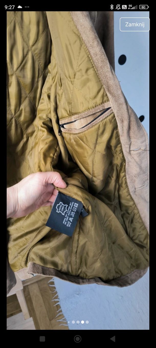 Beżowa brązowa skórzana kurtka katana vintage maxi camel oversizowa za