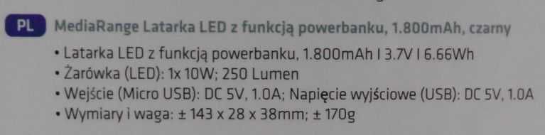 Latarka LED z funkcją Power Banku 10 Watt