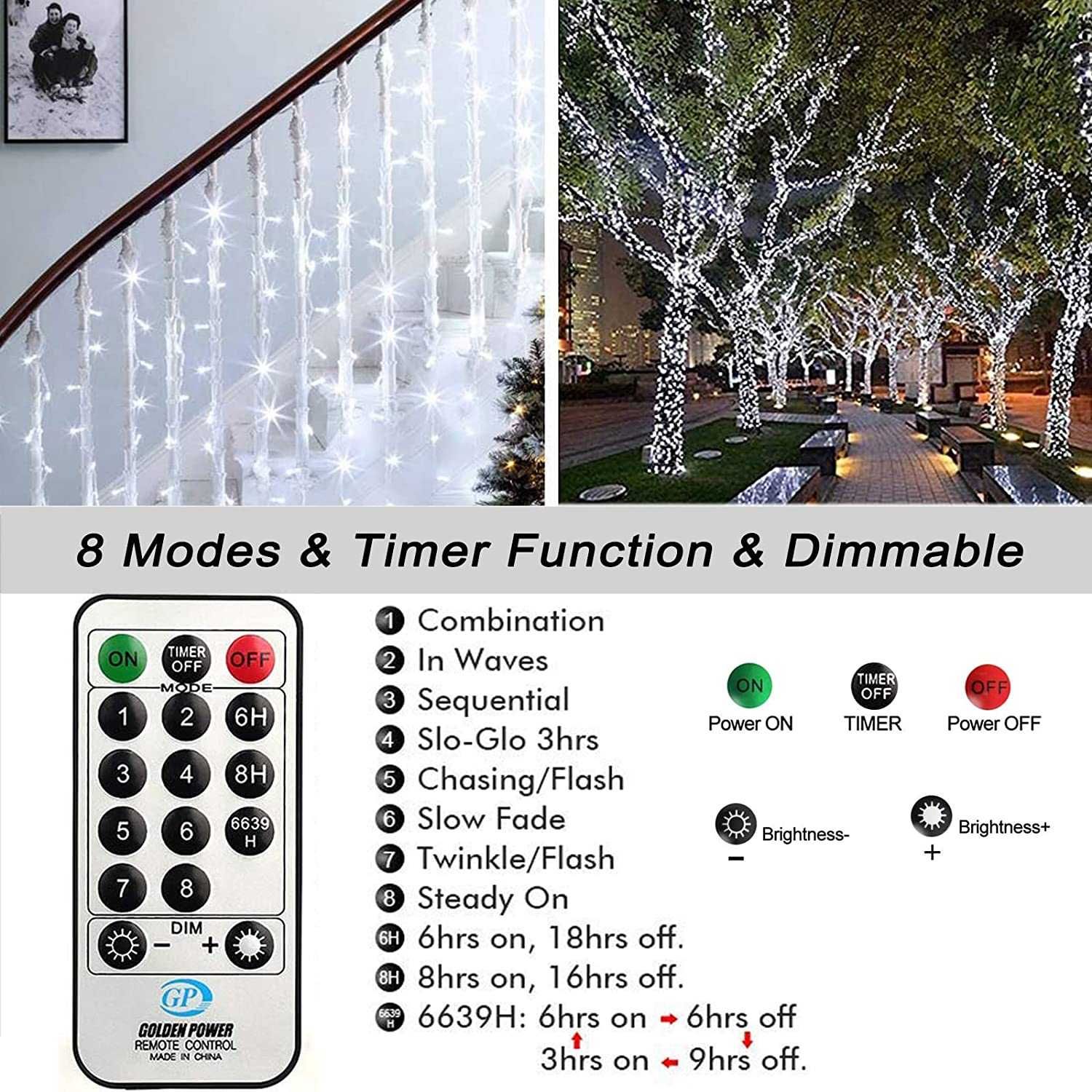 Luzes brancas de árvore de Natal, 20 m, 200 LED, c/ controlo remoto