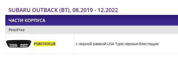 Решітка SUBARU OUTBACK (BT), 08.2019 - 12.2022 PSB070352B