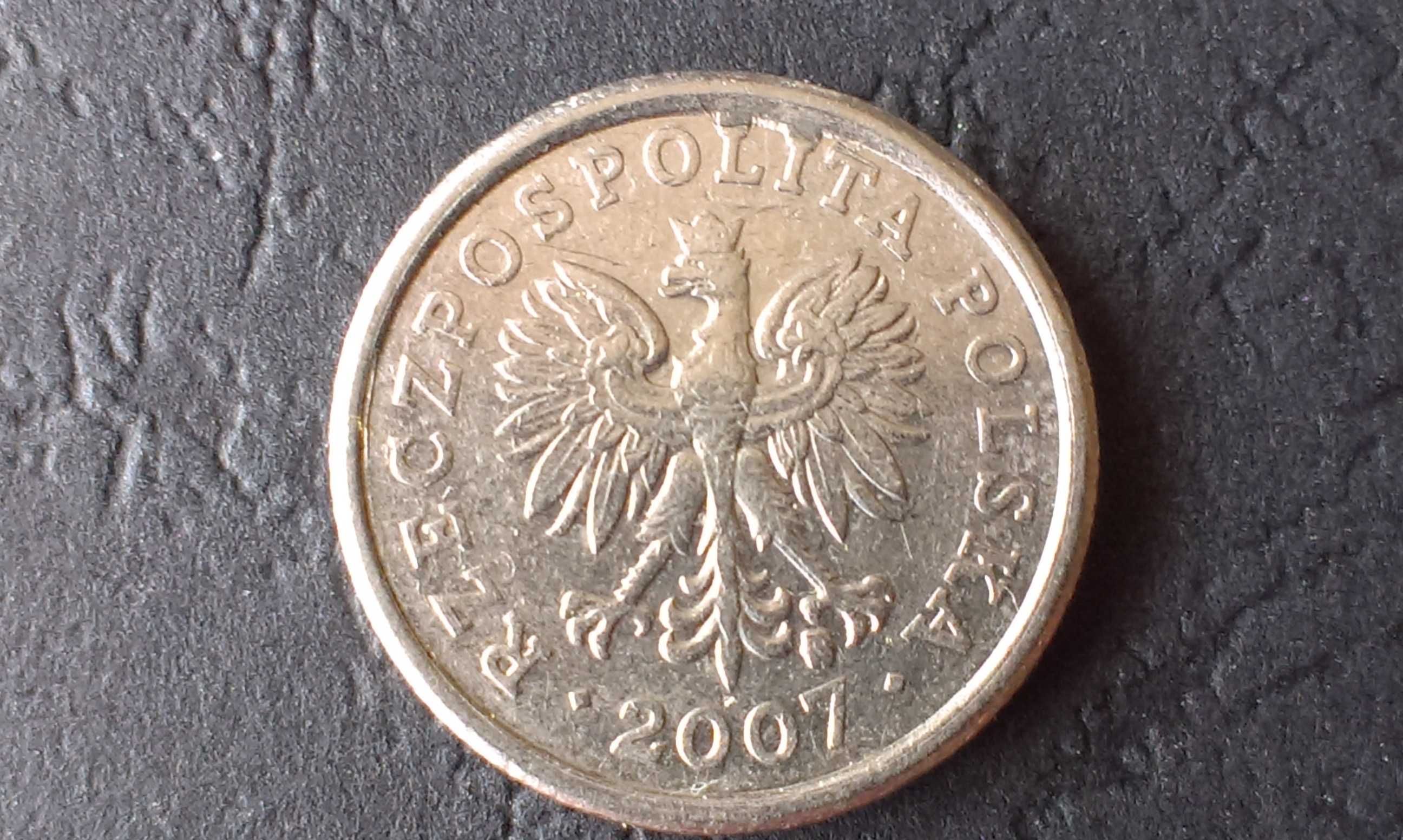 Destrukt moneta 20 groszy 2007, dwie litery zlane z rantem.