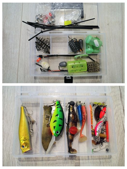 Zestaw wędkarski przynęty spławiki koszyki ciężarki akcesoria woblery