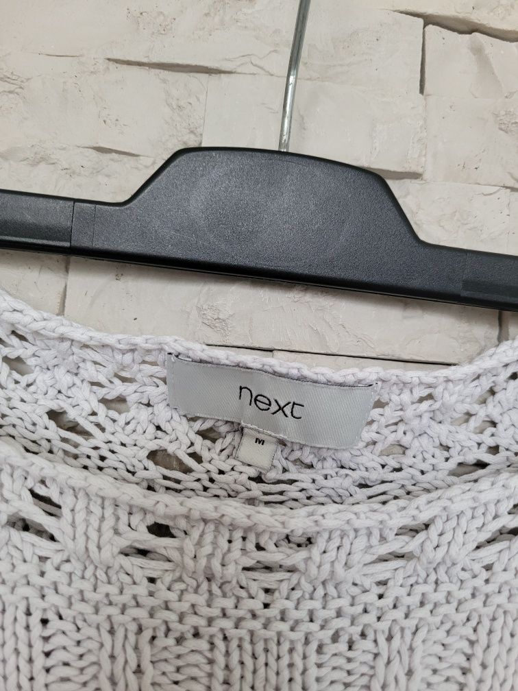 Biały dzianinowy lekki sweter z dziurami tył dłuższy Next M/L bawełna