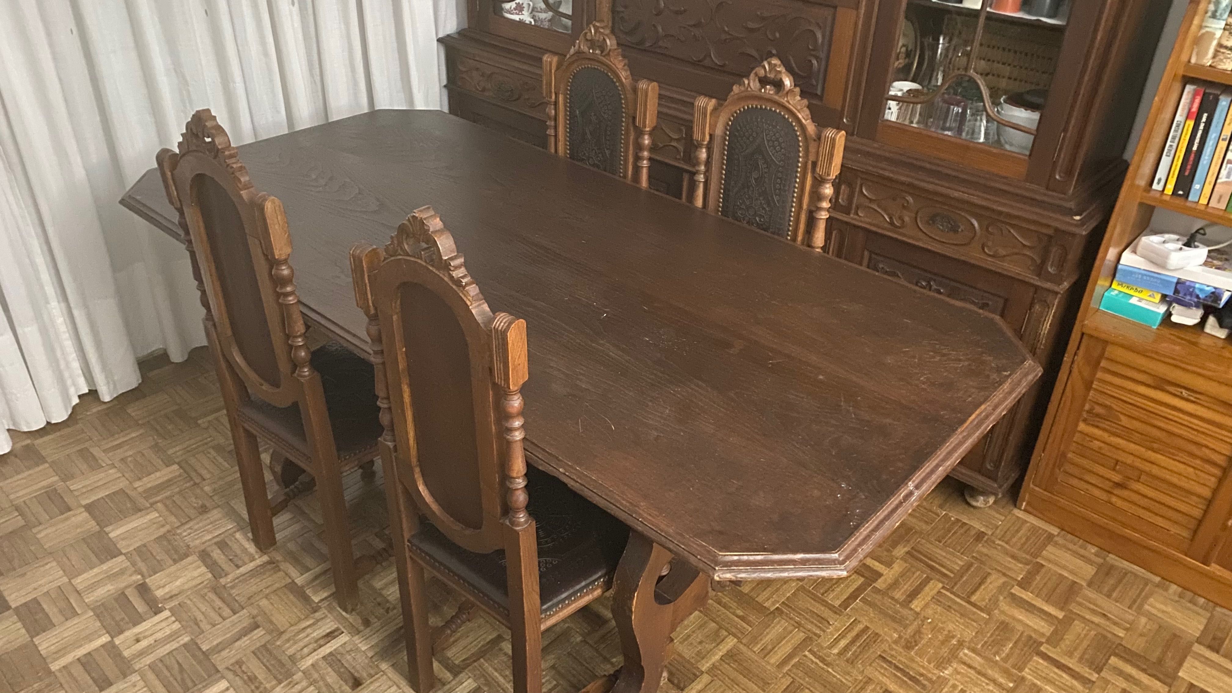 Conjunto Antigo de Sala: Mesa e cadeiras + Cristaleira Madeira Maciça