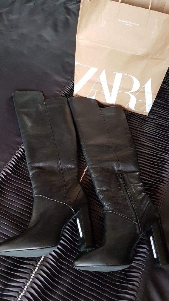 ZARA nowe czarne kozaki za kolano, SKÓRA, r. 35
