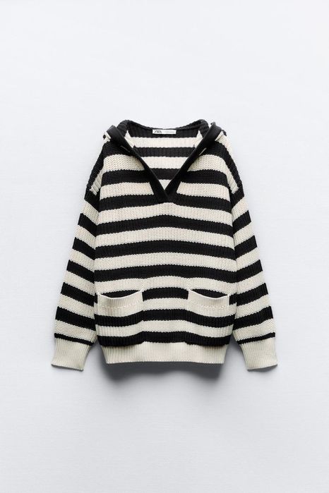 Светр свитер в смужку в полоску з капюшоном zara крупної вʼязки