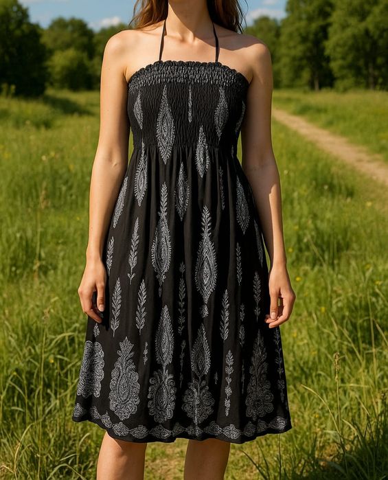 Czarna sukienka w szare wzory 38 M  wiązanie na szyi  ozdobne koraliki