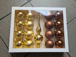 NOWE Bombki szklane 6cm Komplet + czub Złoty Brąz