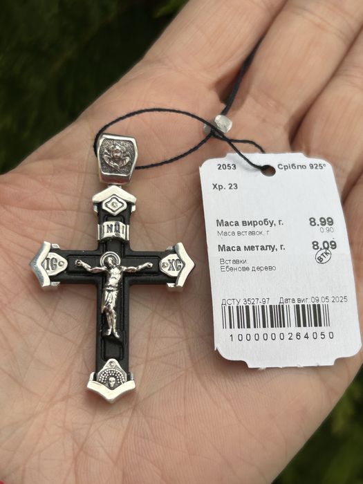 Новий срібний хрестик з ебеновим деревом, срібло 925 проба
