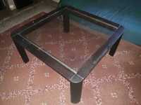 Stół drewniany, blat szklany, kontiki, z lat 80-tych, 100x100x50cm
