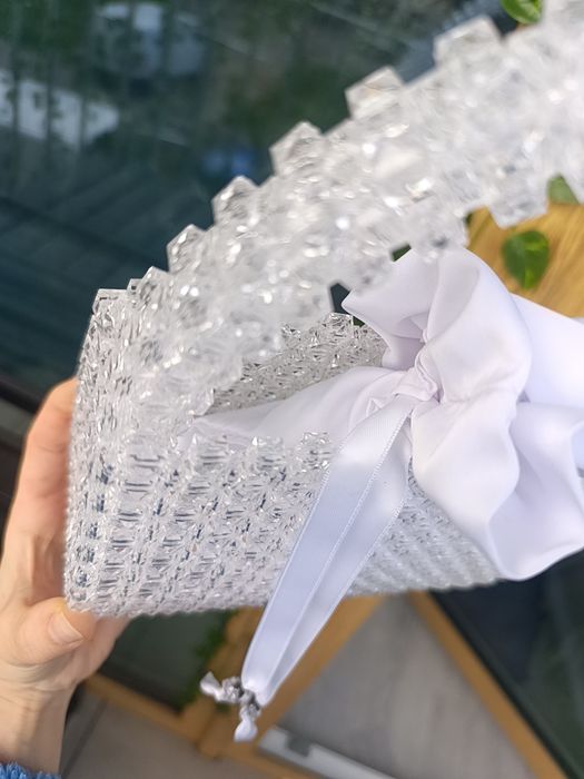 Torebka z koralików biała transparentna hand made