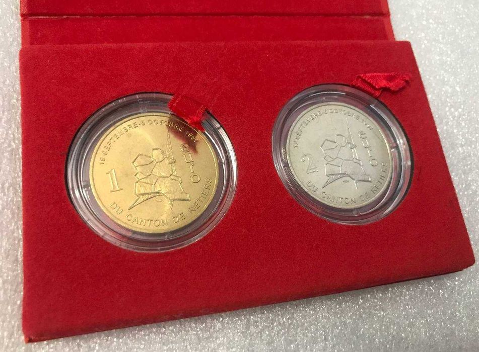 Пробні монети токени 1 та 2 євро Франція 1997 у буклеті, тираж 3000