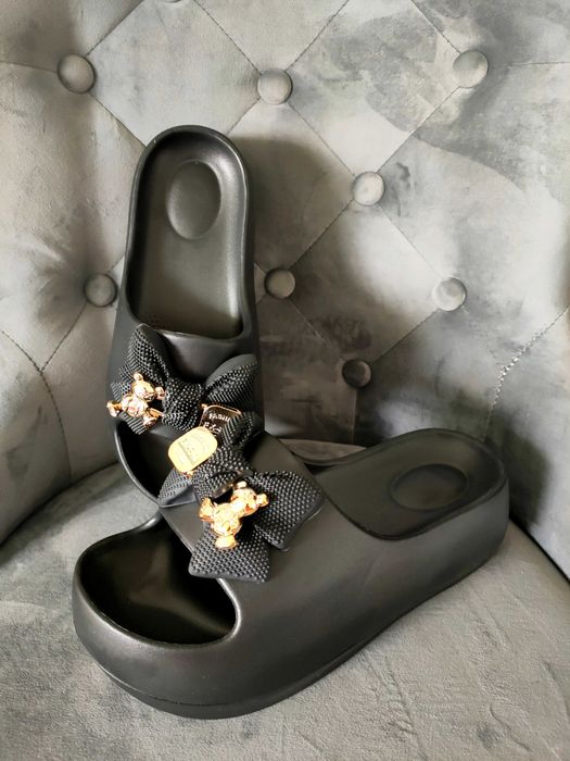 Klapki sandały na platformie złote misie złoto czarne 40 41