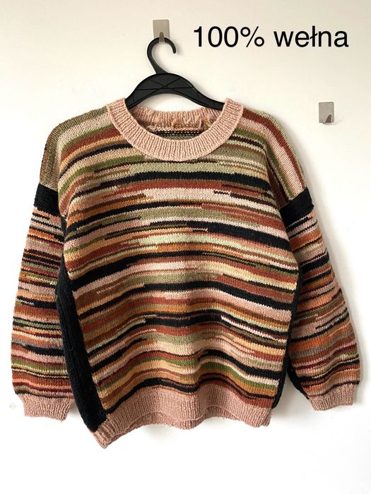 Wełniany sweter handmade pasy oversize