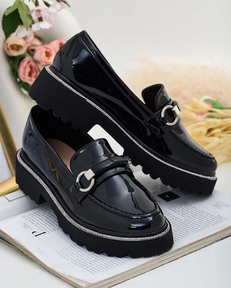 LAKIER I ZAMSZ 36 37 38 Mokasyny 39 40 41 z cyrkoniami lakierowane