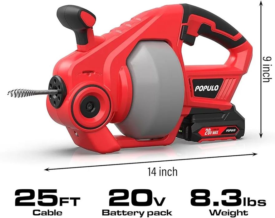 Limpador de ralos sem fio POPULO Drain Cleaning Spiral, 7,6 m, limpado