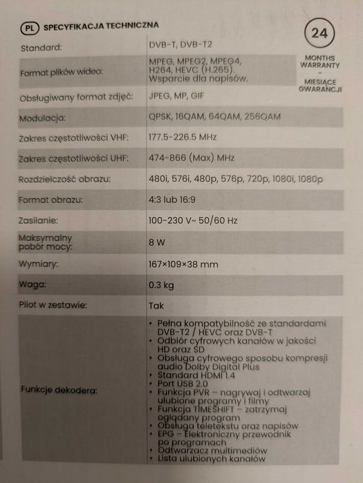 Dekoder TV naziemnej DVB-T2 SAVIO DT-DV01
