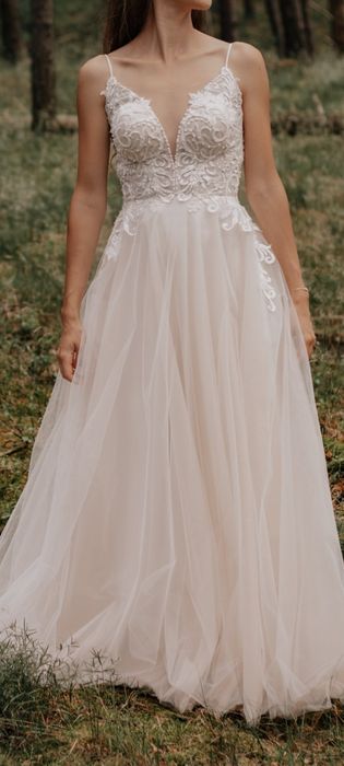 Piękna suknia ślubna ślub S 36 różowa Boho classy pudrowy róż