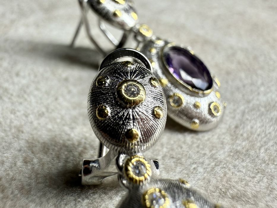 Срібні сережки 925-ї проби з аметистами та фіанітами