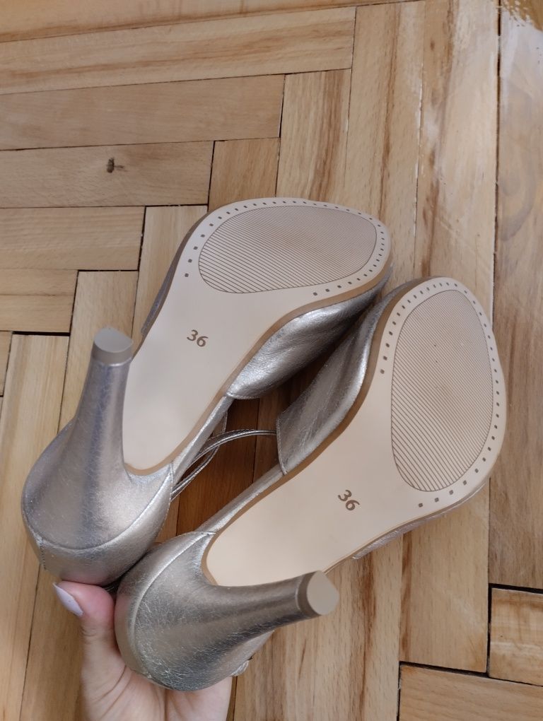 Skórzane szpilki buty na obcasie złote weselne imprezowe peep toe 36