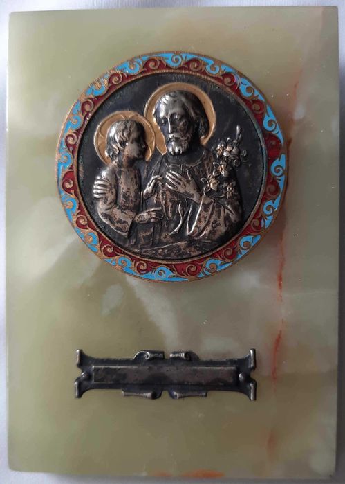 Św. Krzysztof Piękna Plakieta Emalia Marmur XIX/XX w.