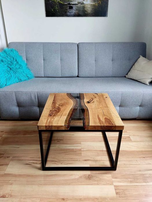 Stolik kawowy dębowy niski 45cm loftowy vintage ze szkłem kwadratowy