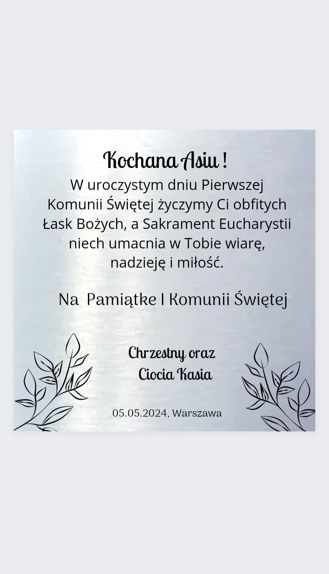 Piękna Srebrna/złota aluminiowa personalizowana kartka na komunię