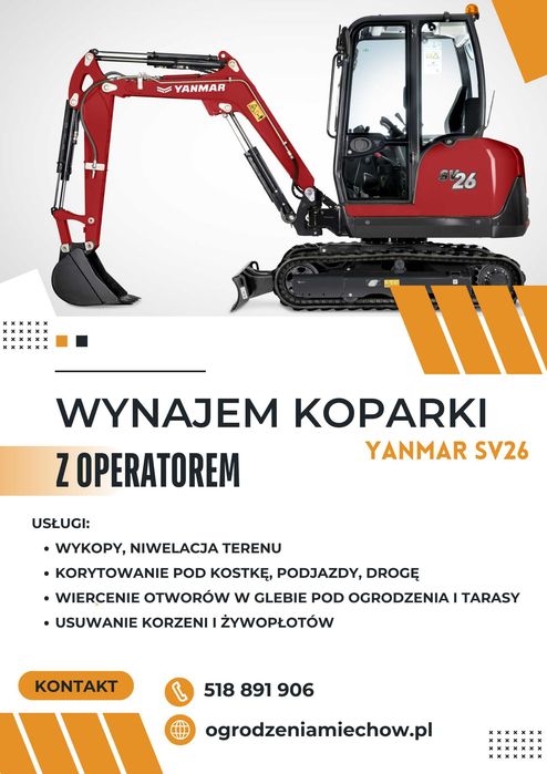 Usługa koparka 2.6T wykopy, drenaże, niwelacja terenu, ogrodzenia
