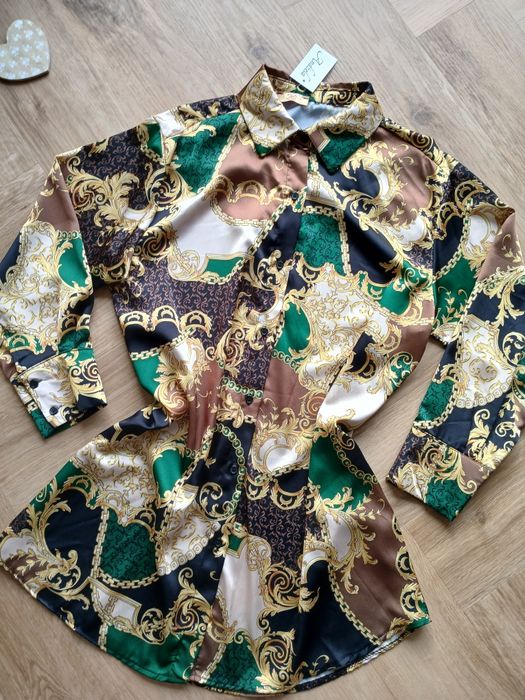 Satynowa krótka sukienka we wzory oversize elegancka lejąca się M 38