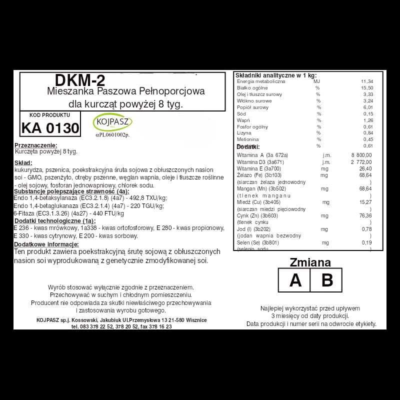 Pasza dla kurcząt DKM-2 w GRANULACIE 25kg KOJPASZ