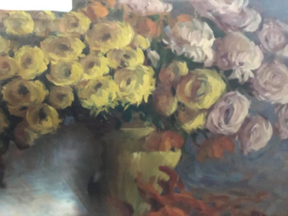 Wyprzedaż. Ładnie oprawiony duży obraz. Jesienne Chryzantemy Tempera.